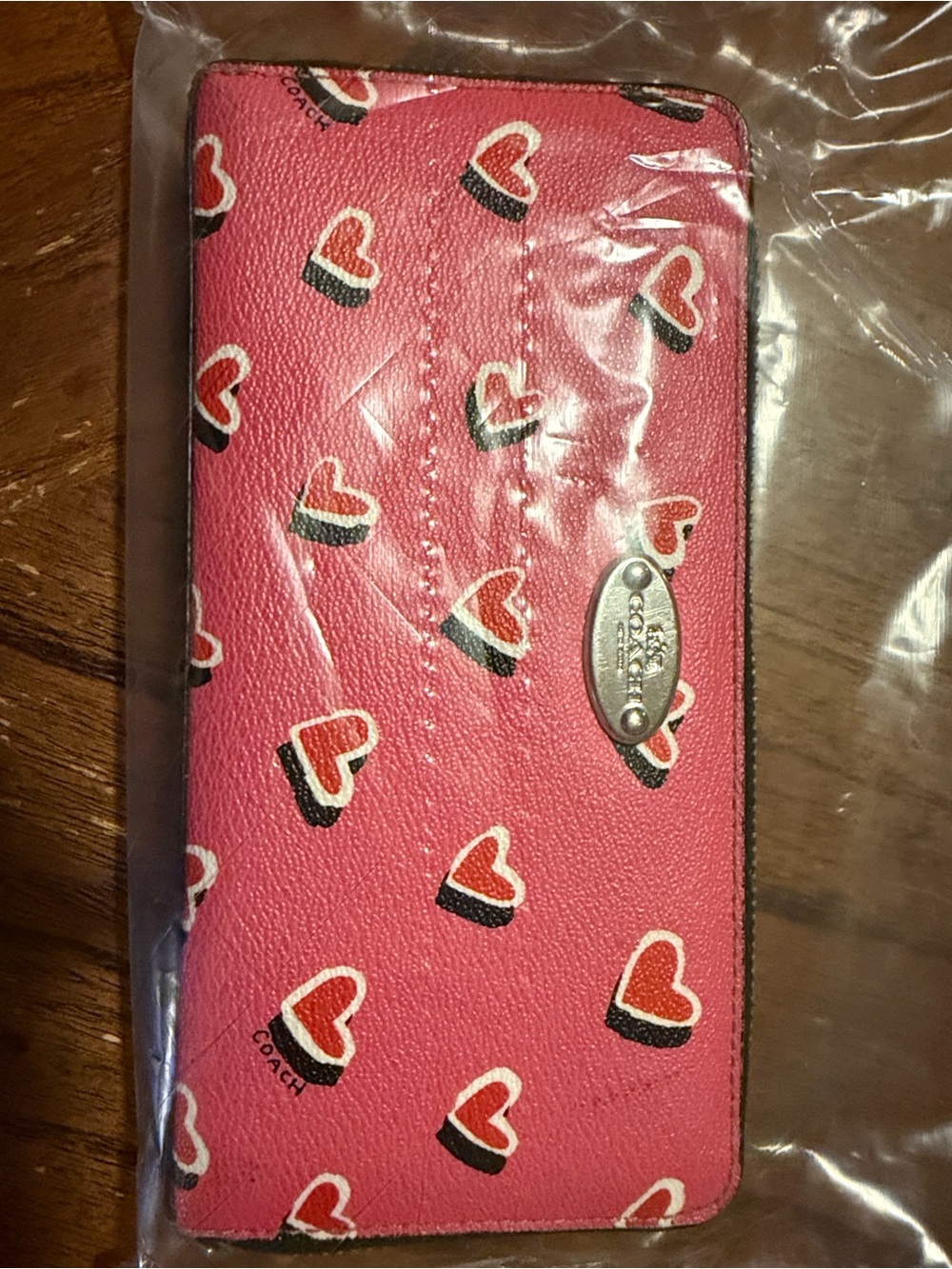 Coach Pink Heart-Print Zip Continental Wallet with Silver Plaque